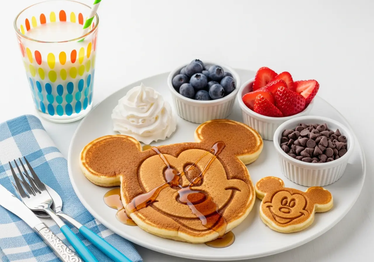 Mickey Mouse pancake served on a plate with fruit toppings and a glass of milk. 