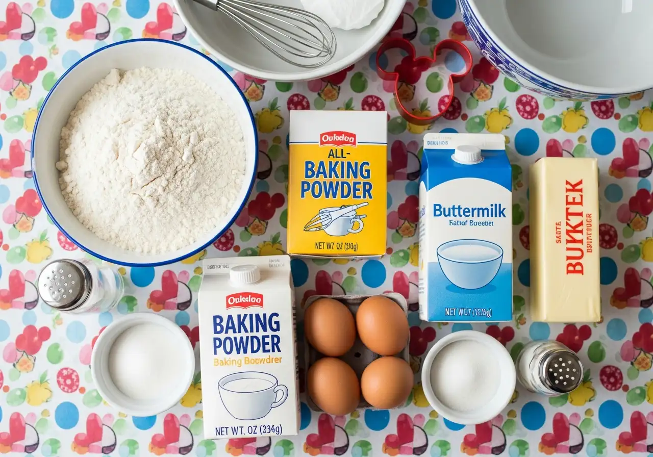 Ingredients for Mickey Mouse pancakes: flour, buttermilk, eggs, butter, and baking powder.