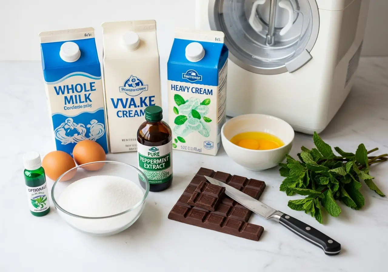 Ingredients for mint chocolate chip ice cream: milk, cream, eggs, sugar, peppermint, and chocolate.