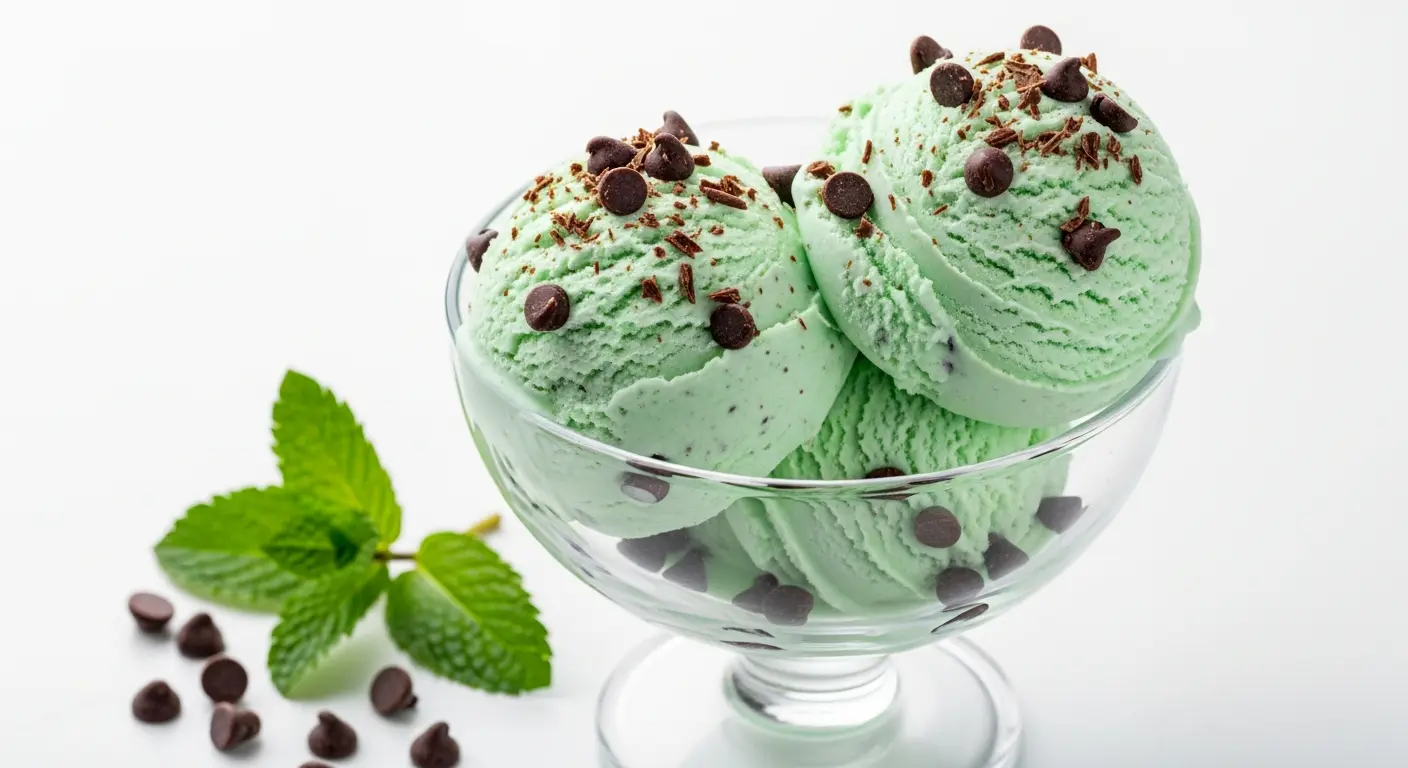 Scoops of mint chocolate chip ice cream in a bowl with chocolate chips and mint.