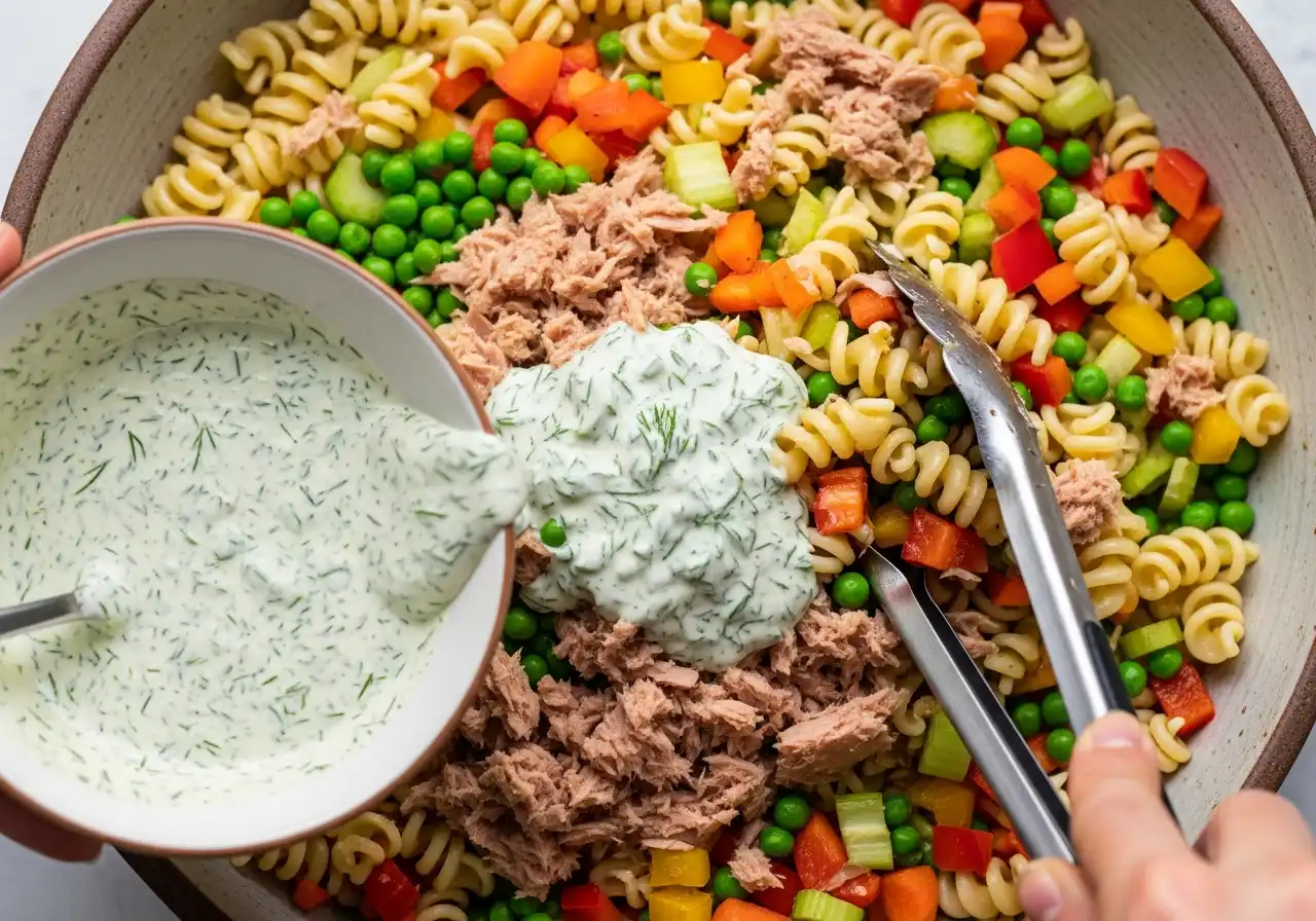 Mixing pasta, tuna, peas, and vegetables in a bowl for salad.