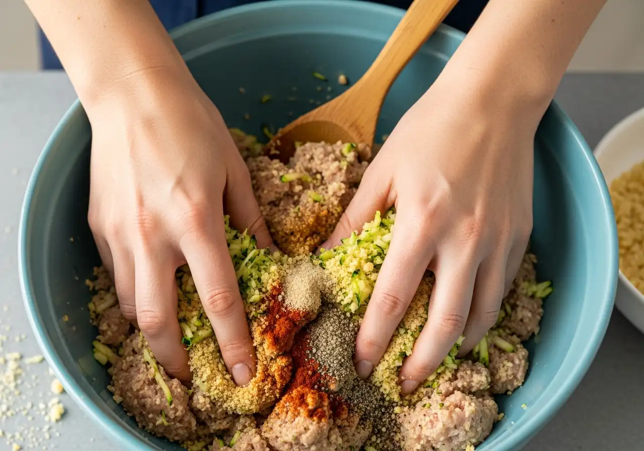 Step 1: Hands mixing ground turkey with spices and zucchini to form burger patties.