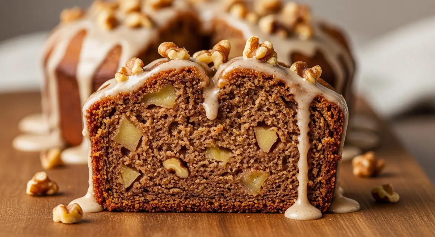 Close-up of a thick slice of moist apple fritter bread with apple chunks, walnuts, and cinnamon glaze.