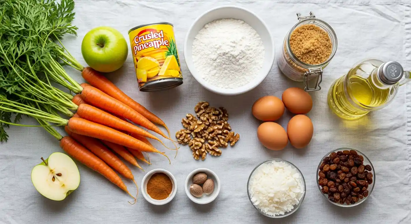Ingredients for Morning Glory muffins including fresh carrots, apples, pineapple, walnuts, coconut, raisins, and spices.