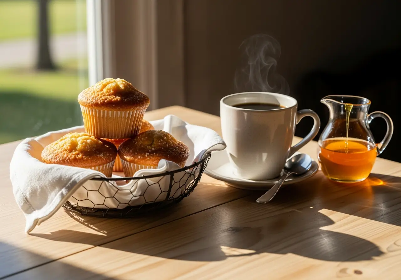 Stack of warm Morning Glory muffins served in a basket for breakfast with a cup of coffee and honey.

