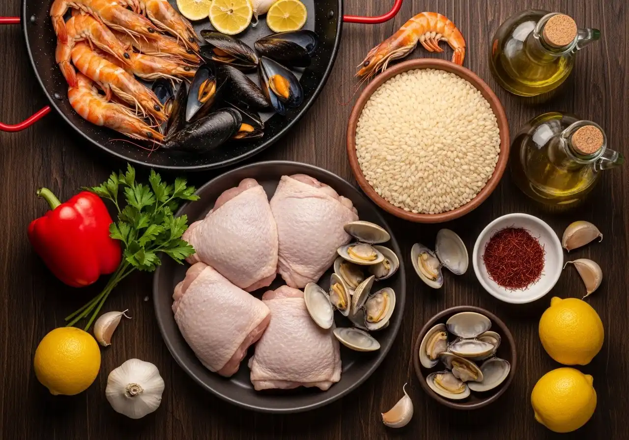 Ingredients for paella: chicken thighs, shrimp, mussels, clams, Bomba rice, saffron, peppers, garlic, and lemon.