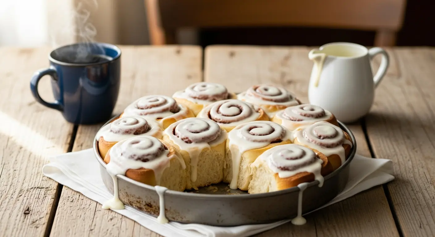 A pan of freshly baked cinnamon rolls with cream cheese icing, served with coffee.