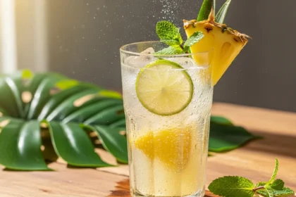 Tall glass of sparkling pineapple and ginger spritzer with bubbles, garnished with pineapple, lime, and mint.