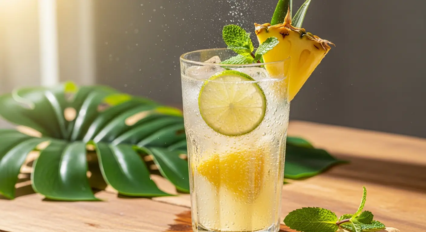 Tall glass of sparkling pineapple and ginger spritzer with bubbles, garnished with pineapple, lime, and mint.