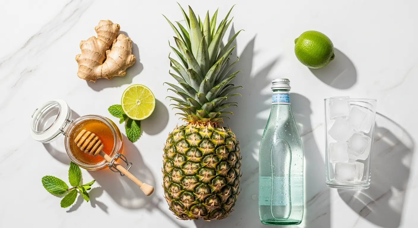 Fresh ingredients for pineapple ginger spritzer including whole pineapple, ginger root, lime, mint, and sparkling water.