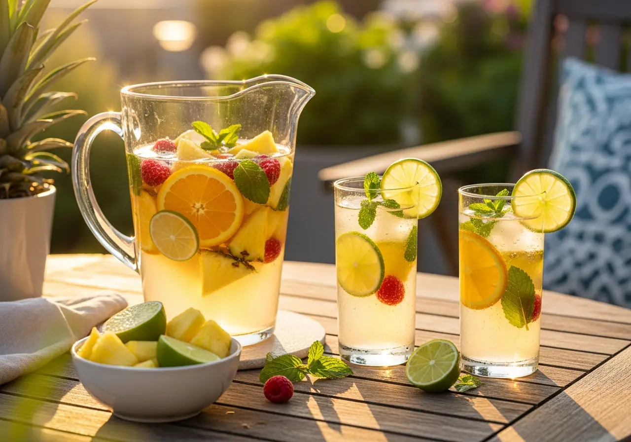Large pitcher of pineapple ginger spritzer with fruit slices, served with glasses on an outdoor patio table.
