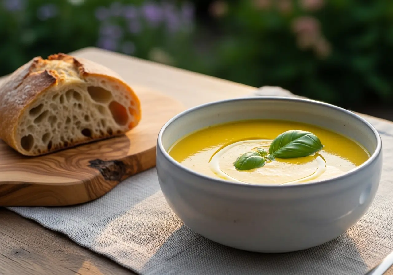 A beautiful bowl of creamy asparagus alfredo pasta garnished with fresh parsley and shaved Parmesan, served on a spring table setting.