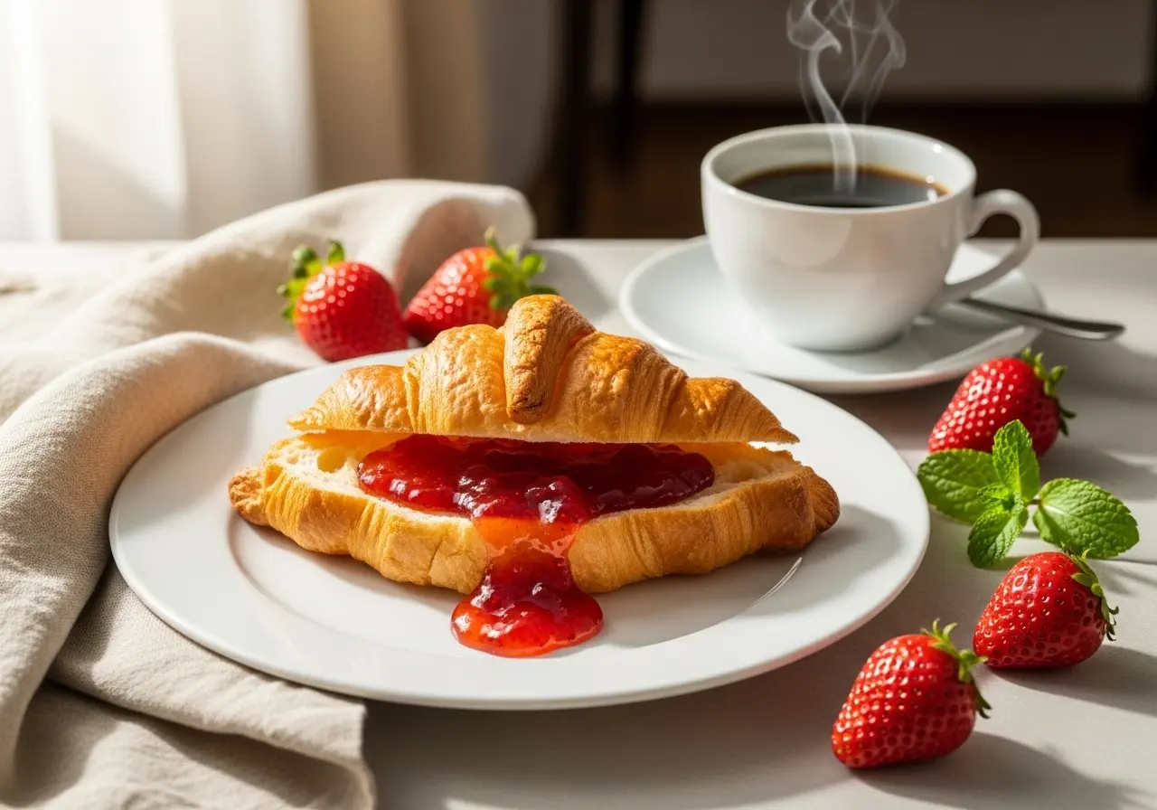 A warm butter croissant with strawberry jam served on a white plate with a cup of coffee and fresh berries for breakfast.