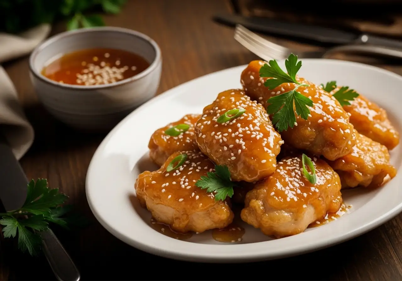 A beautiful dinner plate with golden honey butter chicken, a small bowl of extra honey butter sauce, and fresh parsley garnish.