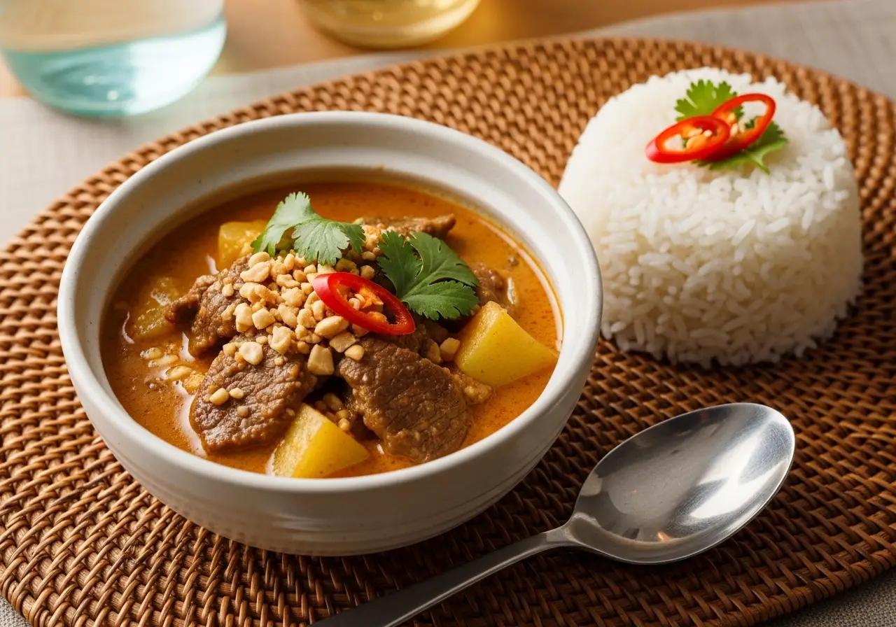 A bowl of Thai Massaman beef curry served with fluffy jasmine rice, garnished with peanuts and cilantro, on a rattan mat.