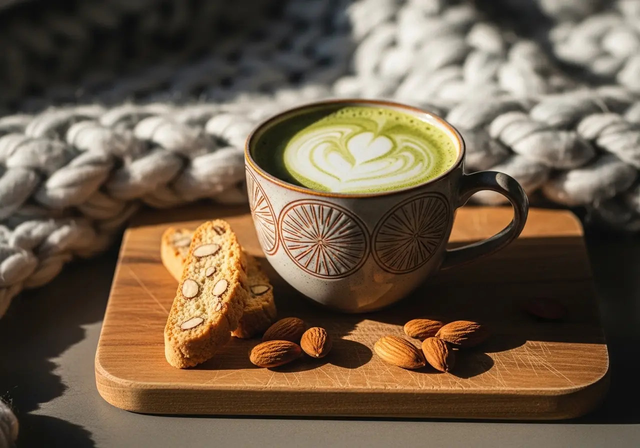 A warm matcha latte served in a ceramic mug with a delicate almond biscotti cookie on the side, a cozy winter drink.