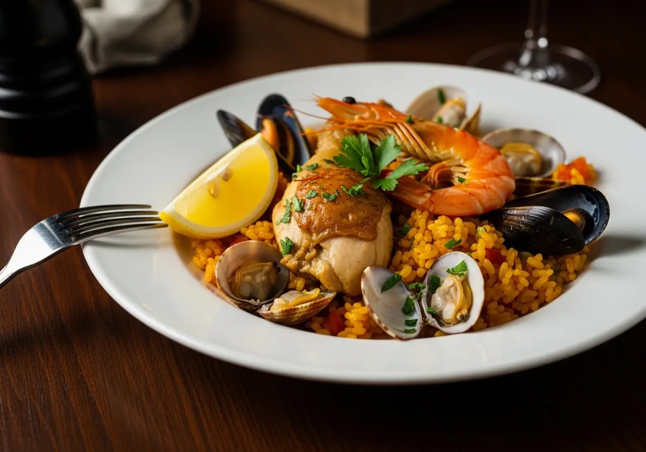 A generous serving of Spanish paella with chicken and seafood on a white plate, garnished with lemon and parsley.