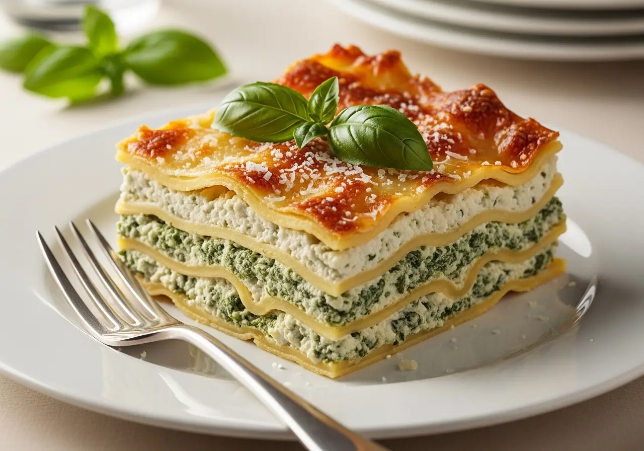 A perfect square slice of creamy spinach and ricotta lasagna on a white plate, garnished with fresh basil and Parmesan.