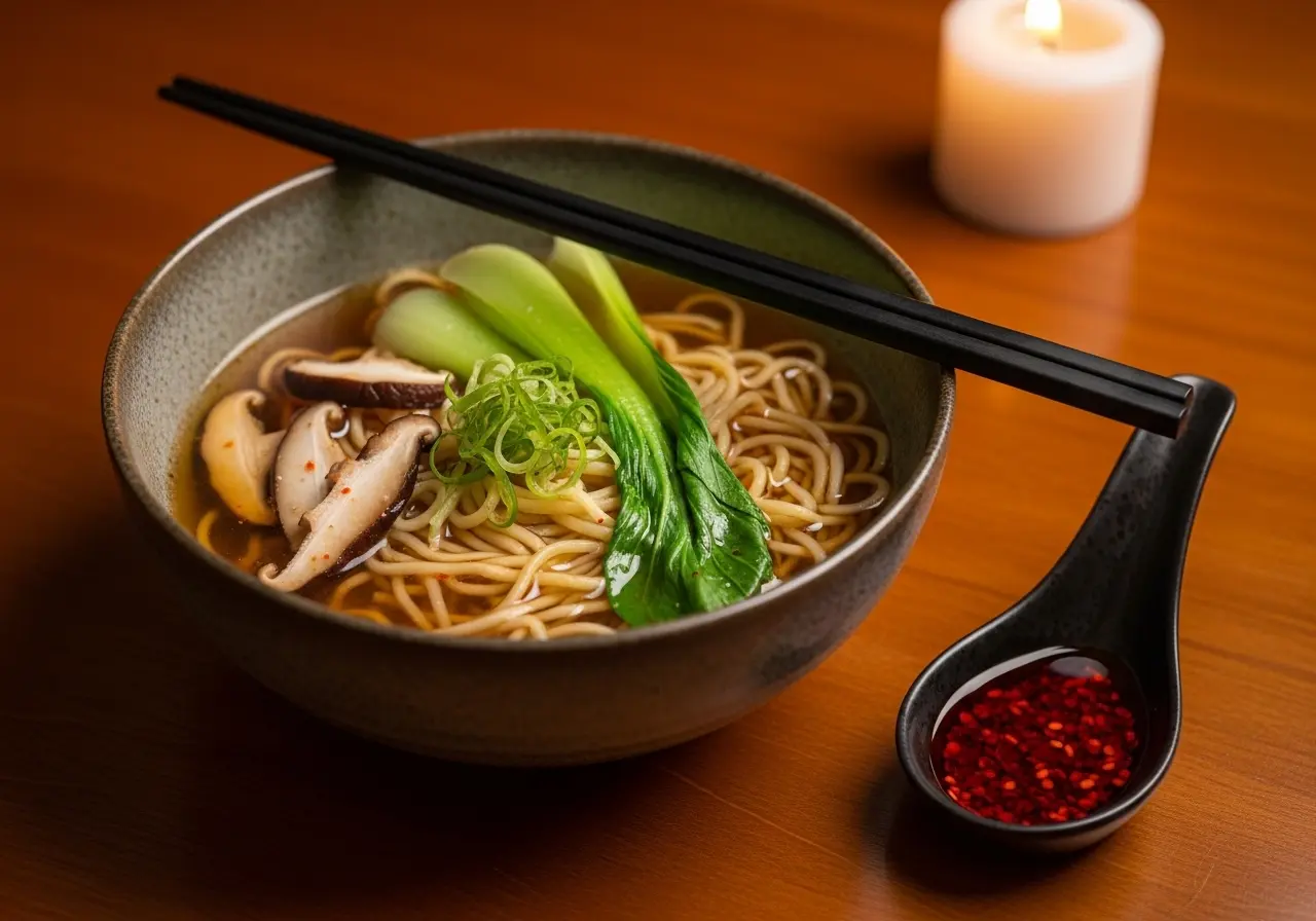 An elegant bowl of vegan miso ramen with mushrooms, spinach, and nori, served with chopsticks and a spoon of chili oil on the side.
