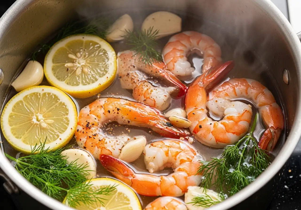 Large shrimp simmering in a pot with lemon halves, garlic, and herbs for perfect shrimp cocktail.