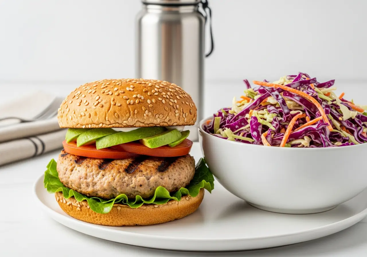 A served turkey burger and bowl of coleslaw as a post-workout meal.