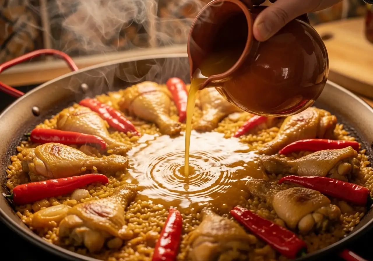 Pouring warm saffron-infused chicken broth over rice and chicken in a paella pan, a key step in Spanish paella.
