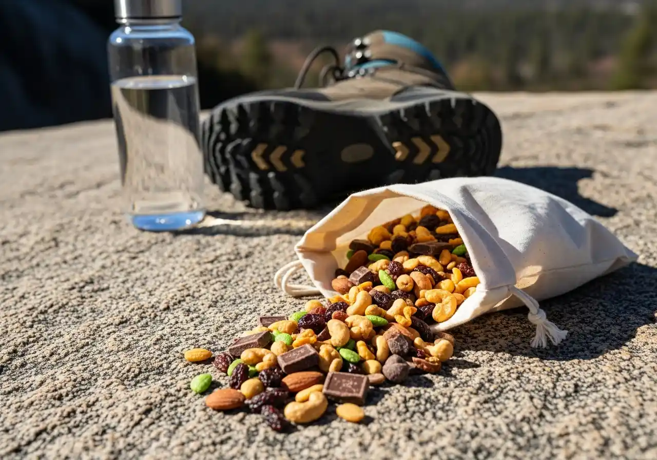 Homemade high-protein trail mix spilling from a cloth bag, ready for a hike or outdoor activity.