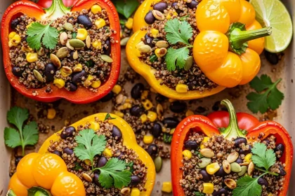 Overhead view of colorful baked vegan stuffed peppers with quinoa, black beans, and corn.