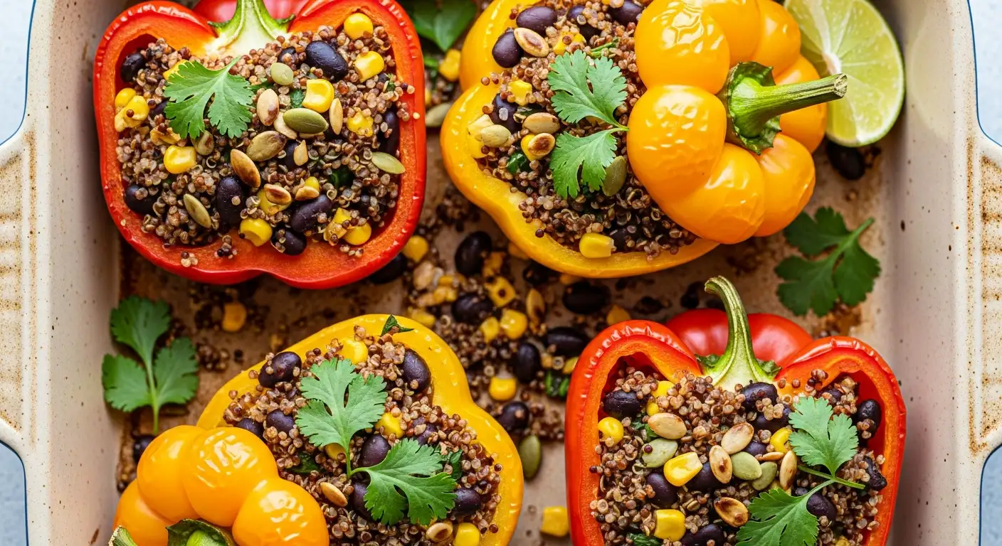Overhead view of colorful baked vegan stuffed peppers with quinoa, black beans, and corn.