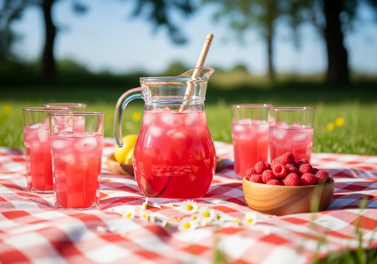Large pitcher of pink raspberry lemonade served on a picnic blanket with glasses and fresh berries.