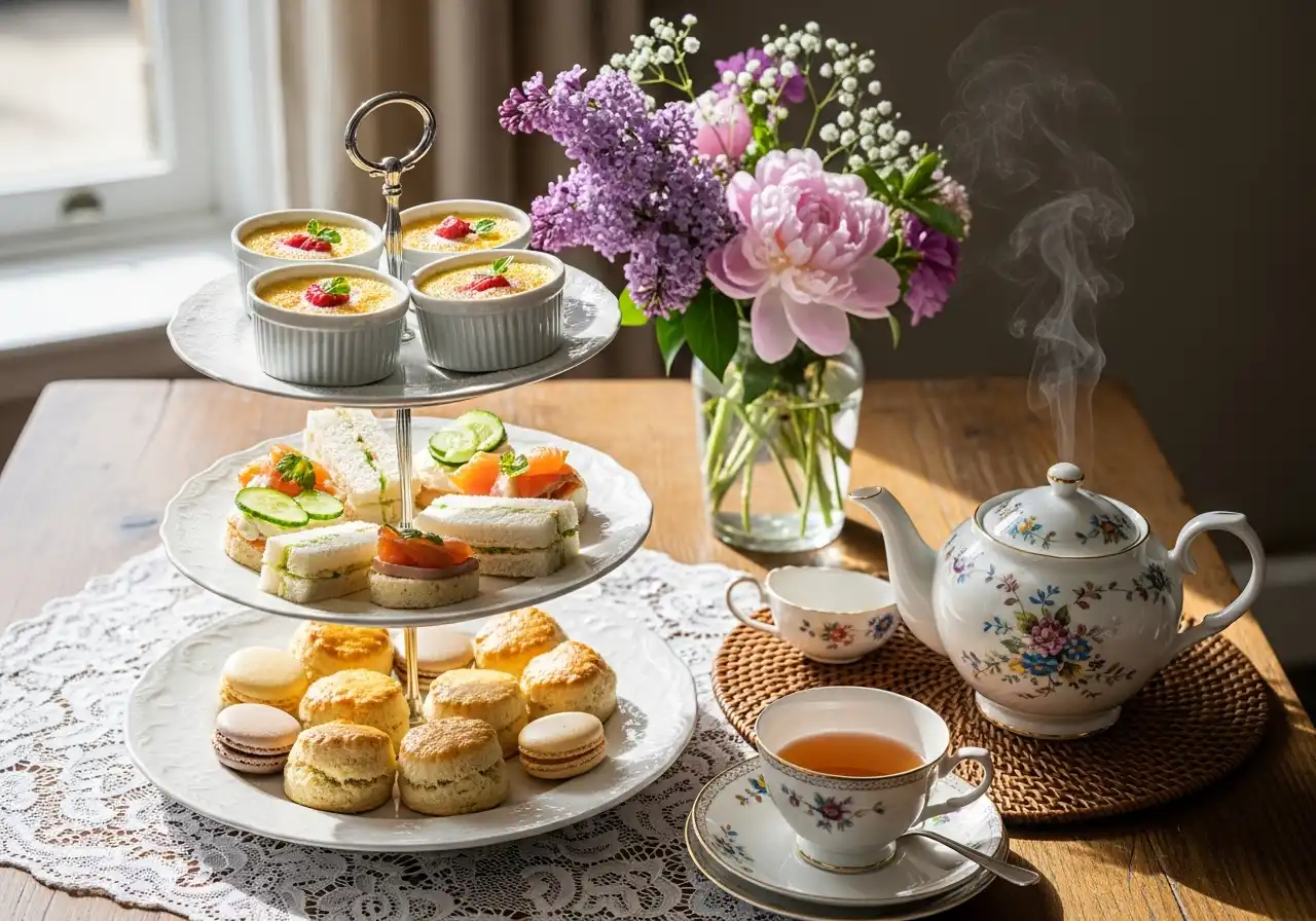 Individual ramekins of rhubarb custard served for a spring tea party.