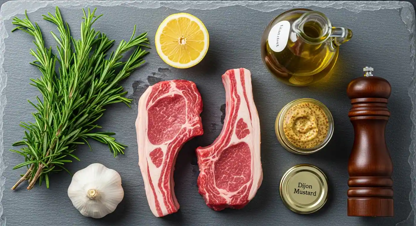 Ingredients for lamb chops: fresh rosemary, garlic, lemon, olive oil, and lamb.