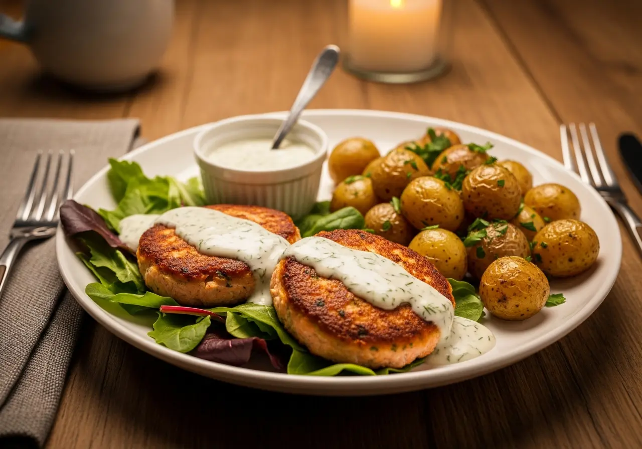 Served dinner plate with salmon patties, fresh green salad, roasted potatoes, and dill sauce.