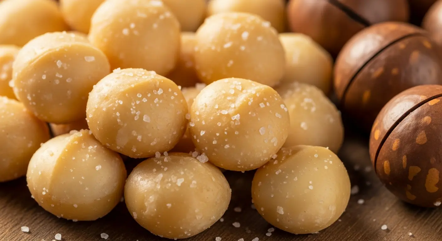 Extreme close-up of golden roasted macadamia nuts coated with sea salt crystals on a rustic wood surface.