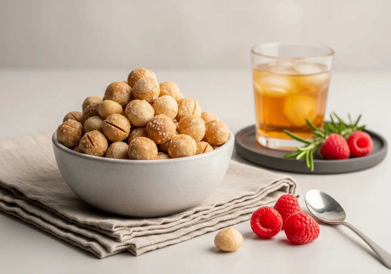 Beautiful bowl of roasted salted macadamia nuts served as an elegant snack with iced tea and fresh berries.