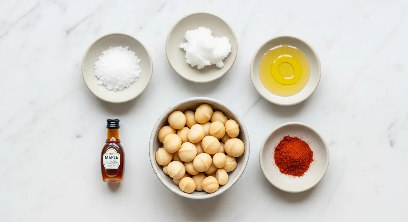 Ingredients for roasting macadamias: raw macadamia nuts, sea salt, coconut oil, maple syrup, and paprika on marble.