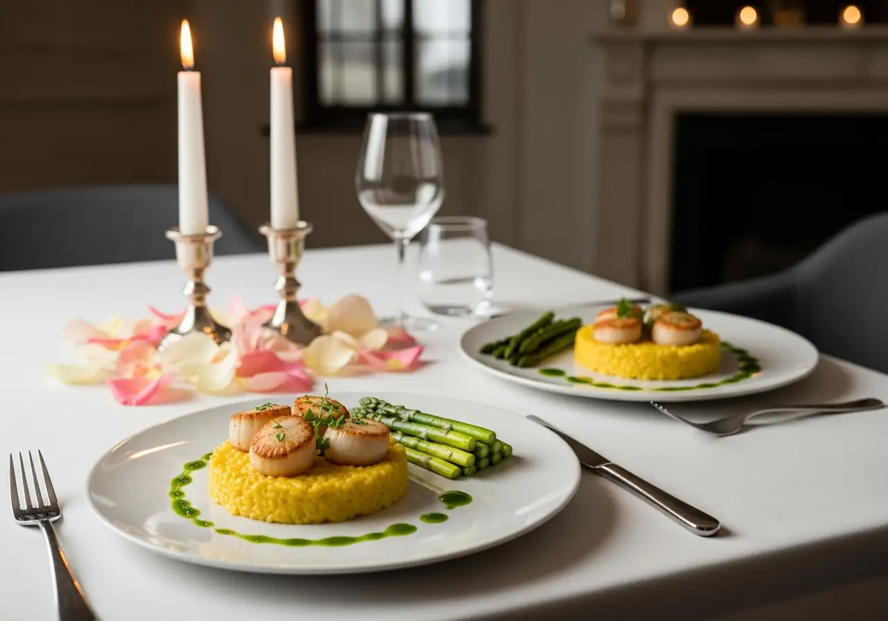 Elegantly plated lemon butter scallops on Parmesan risotto, served for a dinner party.