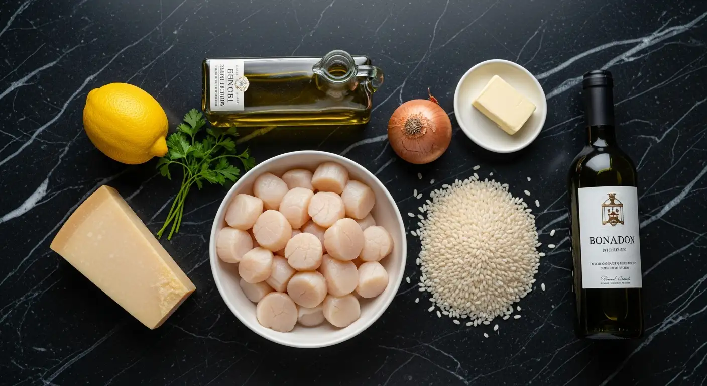Ingredients for lemon butter scallops and Parmesan risotto: scallops, rice, Parmesan, lemon, butter, and herbs.