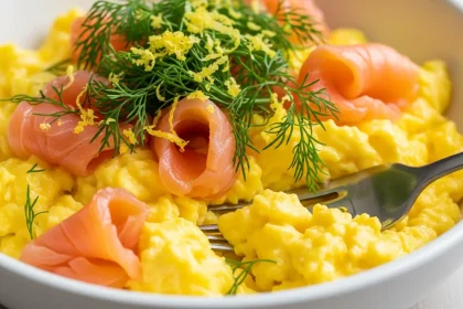 Creamy scrambled eggs topped with smoked salmon and fresh dill in a bowl.
