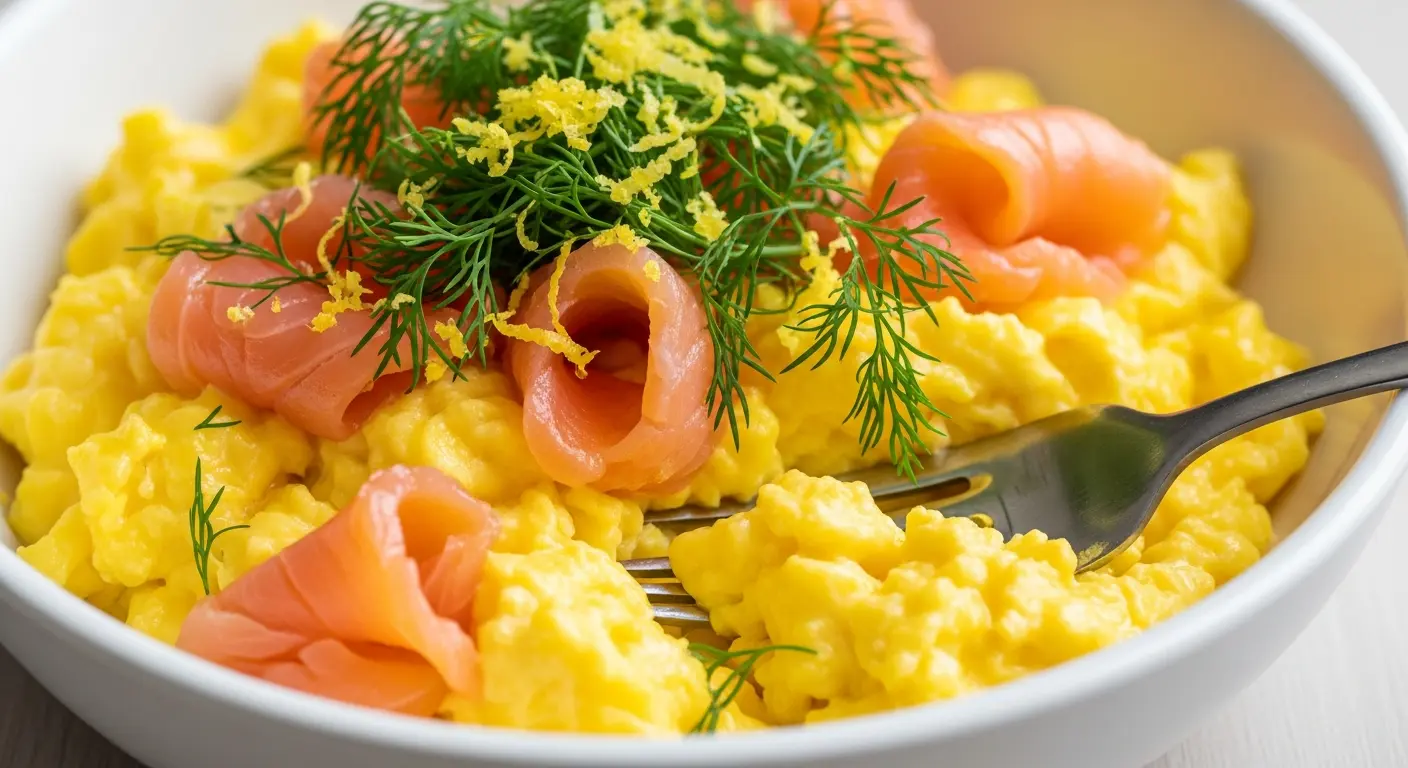 Creamy scrambled eggs topped with smoked salmon and fresh dill in a bowl.
