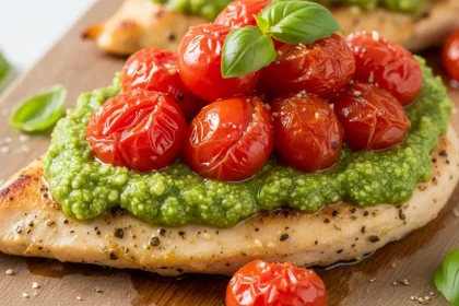 Close-up of a seared chicken breast topped with green pesto and roasted cherry tomatoes.