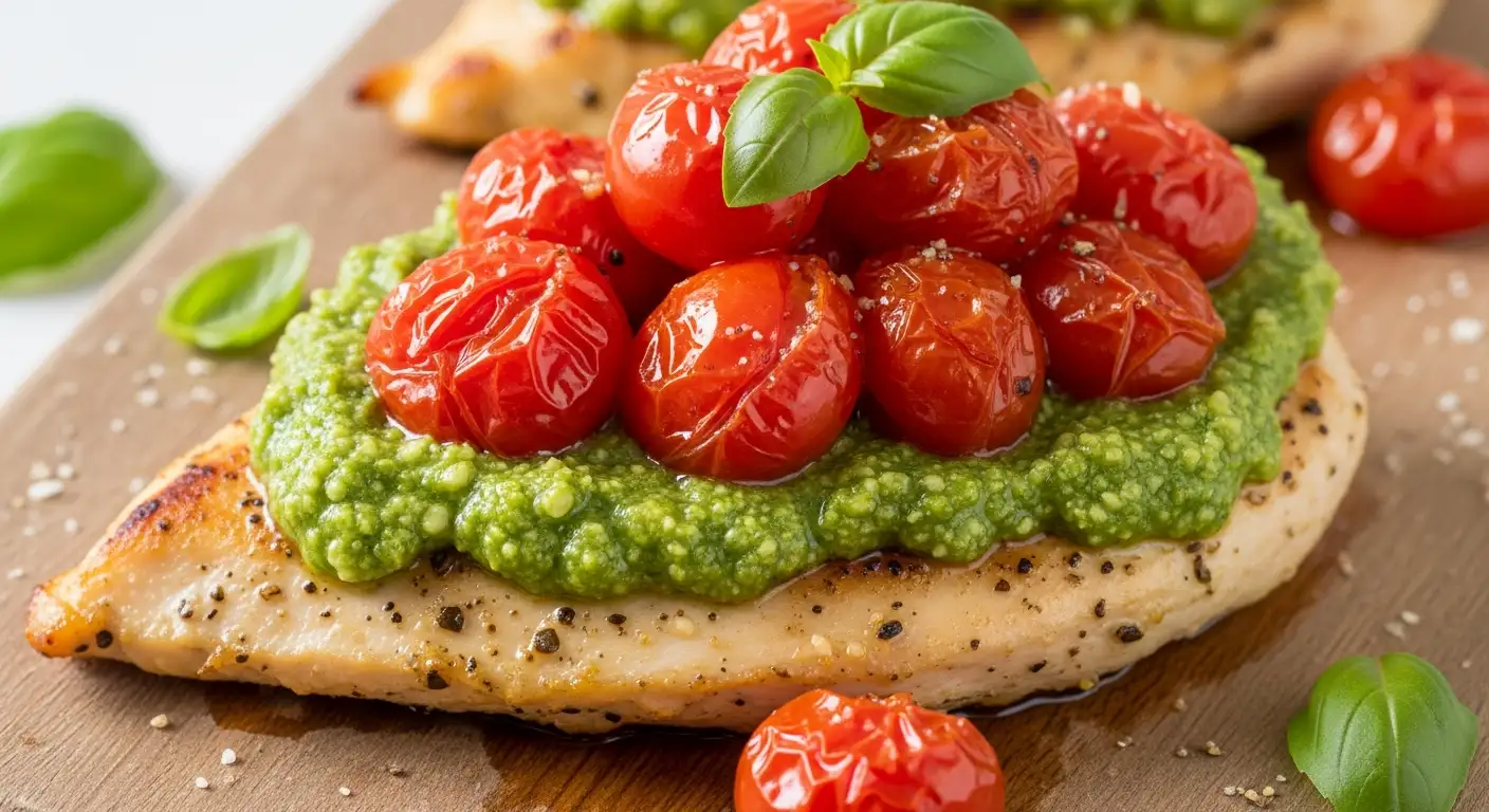 Close-up of a seared chicken breast topped with green pesto and roasted cherry tomatoes.