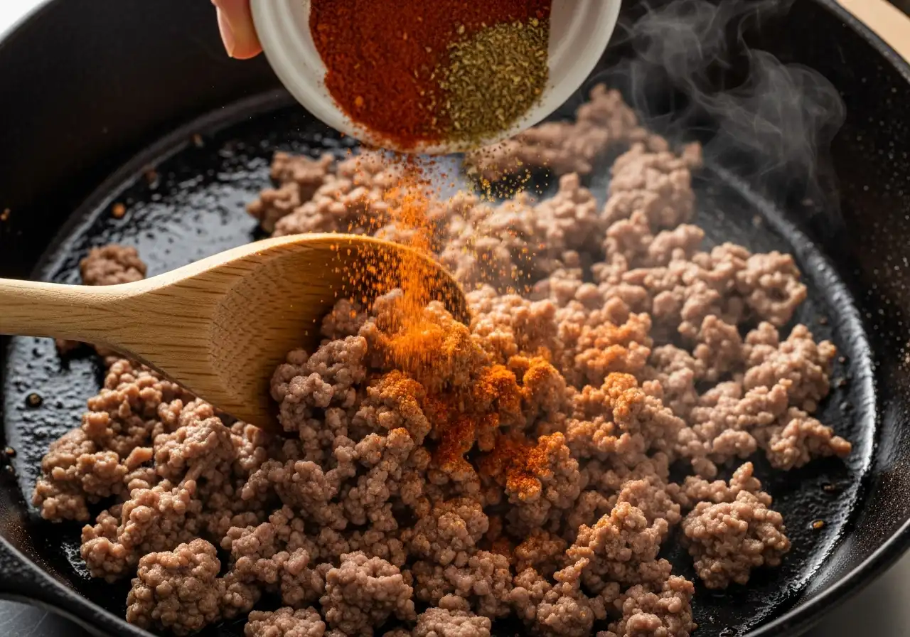 Browning and seasoning ground beef with spices in a skillet for tacos.