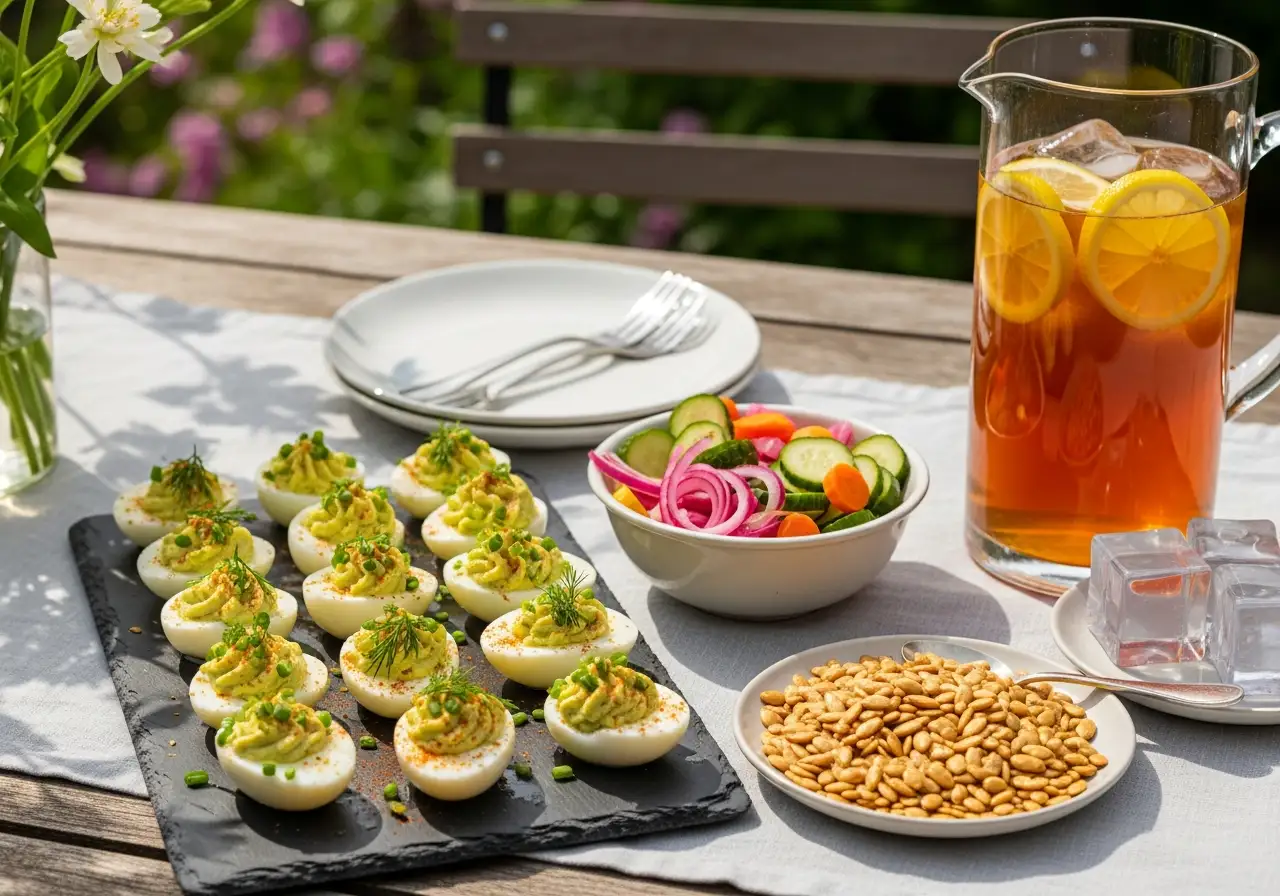 Serving suggestion for avocado deviled eggs on a slate board with pickles and nuts, perfect for brunch or a party appetizer.
