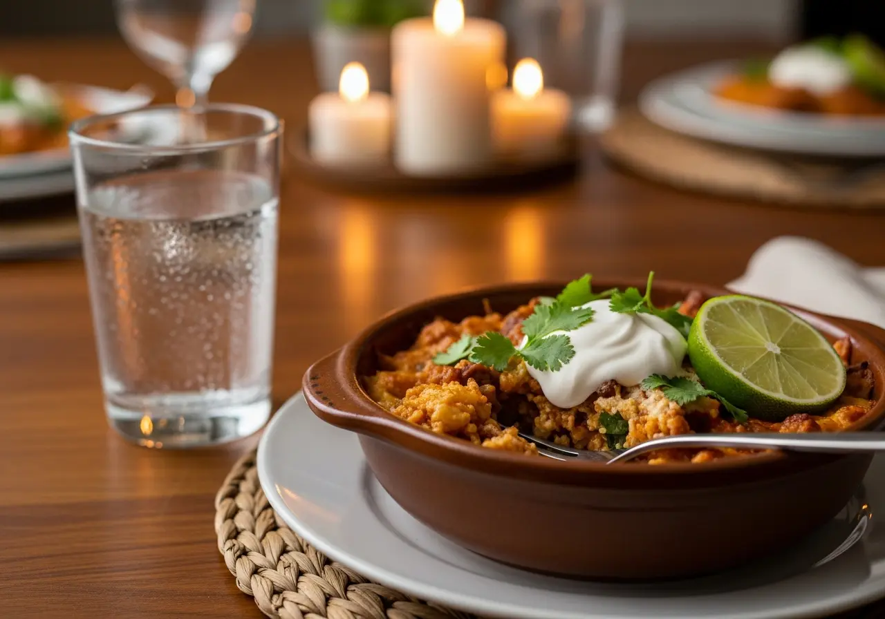 A bowl of chicken enchilada casserole topped with sour cream and cilantro, ready to eat.