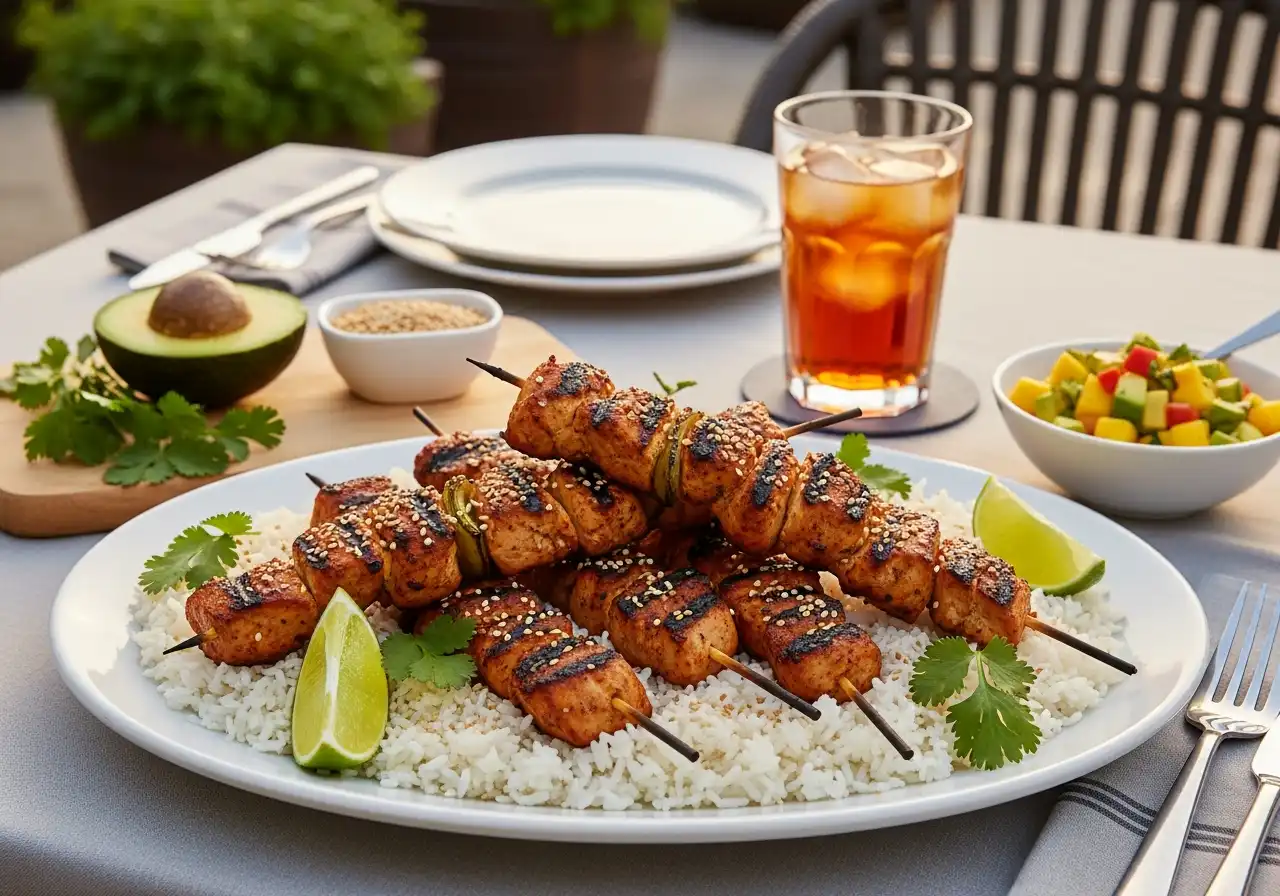 Served Hawaiian chicken and pineapple kabobs on a platter with coconut rice, mango salsa, and lime wedges for a tropical meal.