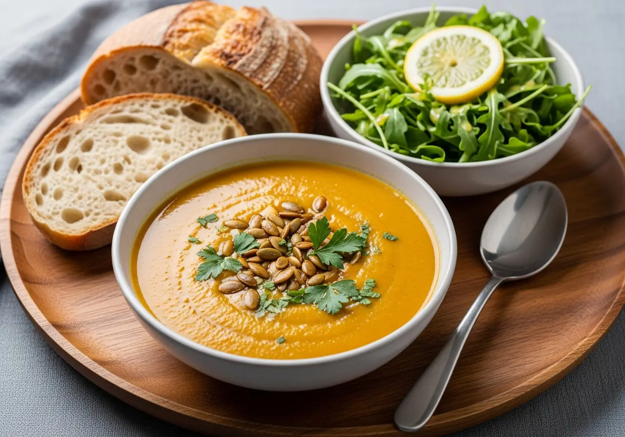 Creamy mushroom and wild rice soup served with sourdough bread and a side salad.