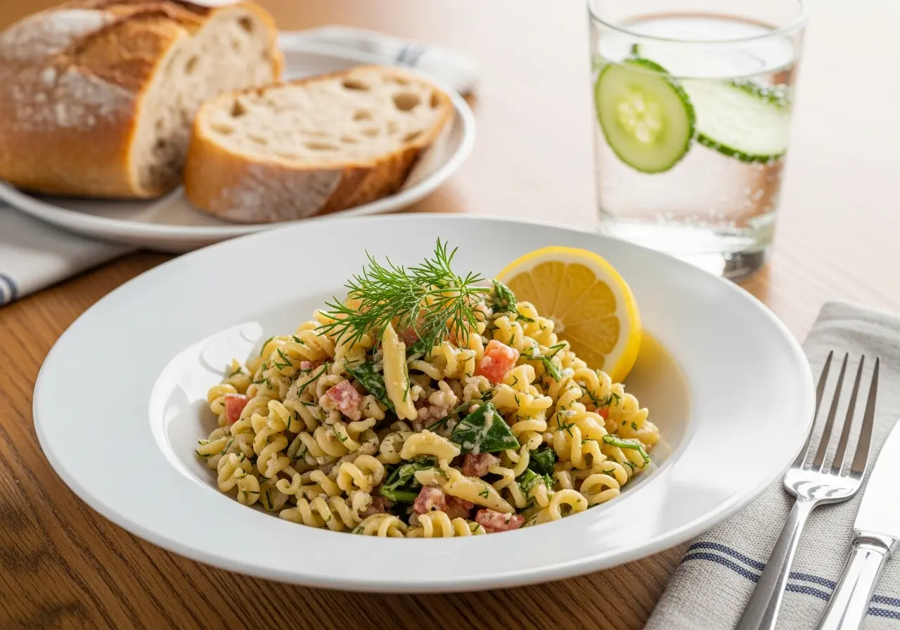 Bowl of tuna pasta salad served with crusty bread for lunch.
