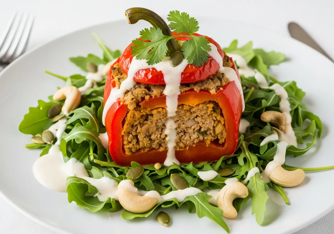 A sliced vegan stuffed pepper served on a bed of arugula with creamy sauce.