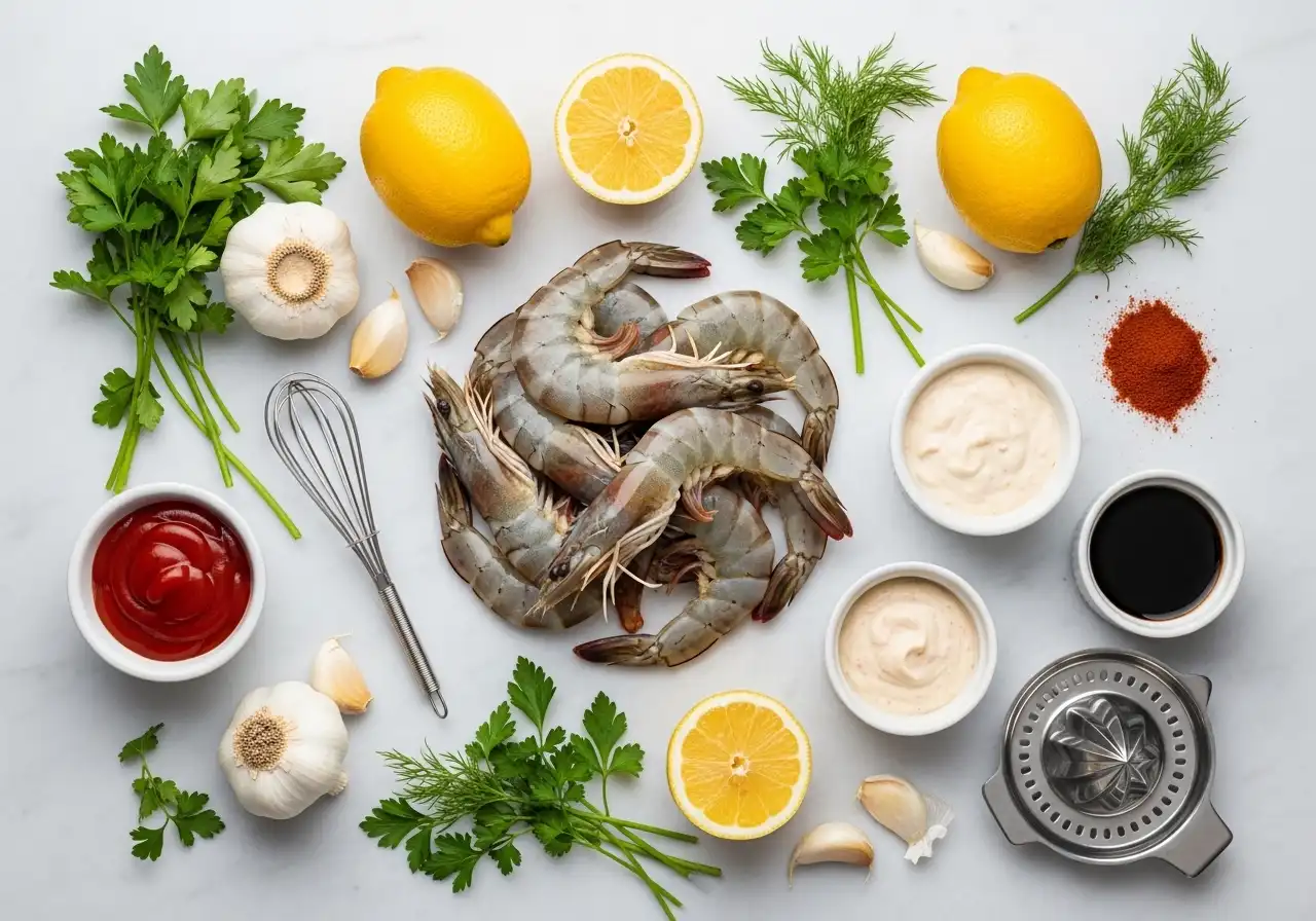 Ingredients for shrimp cocktail: raw large shrimp, lemons, fresh dill, garlic, and cocktail sauce ingredients on marble.
